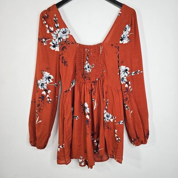 NWT Urban Outfitters High Rise Romper Puff Sleeve Brown Orange Medium - Picture 5 of 10
